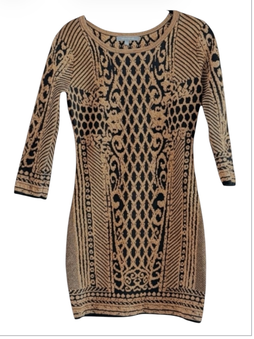 WOW Couture Black Gold Geometric Baroque Metallic Lurex Knit Bodycon Dress L